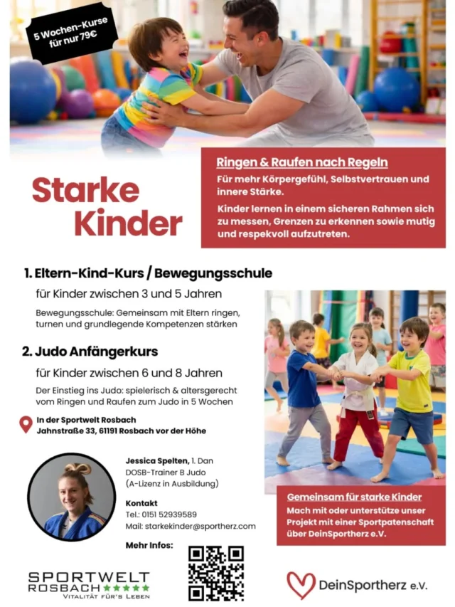 Starke Kinder DeinSportherz e.V. vermittelt Kindern mehr Körpergefühl, Selbstvertrauen und innere Stärke. Genau diese Fähigkeiten sind wichtige Lebensbausteine, die sie ein Leben lang begleiten. Jeden Dienstag finden unsere Eltern-Kind-Kurse in der Sportwelt Rosbach statt. Dort schaffen wir einen geschützten Raum, in dem Kinder gemeinsam mit ihren Eltern wachsen, sich ausprobieren und über Bewegung ihr Selbstbewusstsein stärken können. Wir sind unendlich dankbar für diese wertvolle Unterstützung – denn gemeinsam können wir Kinder stark fürs Leben machen. 💛 #deinsportherz #sportweltrosbach #starkekinder #sozialesprojekt #gemeinsamzumziel
