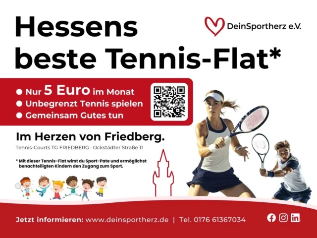 Hessens beste Tennis-Flat Auf einer der schönsten Tennisanlagen im Zentrum von Friedberg, umgeben von viel Grün, liegt die traumhafte Anlage der TG Friedberg. Mit Hilfe von DeinSportherz e.V. wurden die Tennisplätze liebevoll aufbereitet und restauriert. Vor drei Jahren durften wir – mit Unterstützung der TG Friedberg – eine Base und zentrale Anlaufstelle für benachteiligte Kinder schaffen. Unser Ziel: Tennis für alle zugänglich machen. Schon mit nur 5 € im Monat kann eine Privatperson oder ein Unternehmen einem Kind den Zugang zu diesem oft unerreichbaren Sport ermöglichen. Gleichzeitig profitieren auch die Paten selbst: Sie können auf der Anlage spielen, sich engagieren und gemeinsam mit den Kindern wachsen – sportlich und menschlich. Dieses Konzept verbindet * Integration * Wertschätzung * Gemeinschaft und unbegrenztes Tennis spielen für alle Beteiligten Wir sind stolz auf die große Anzahl an Sportpaten, die diese Idee bereits unterstützen. Werde jetzt Teil dieser einzigartigen Bewegung und Community! Werde Sport-Pate und spiele unbegrenzt Tennis. Einmalig in Hessen – denn Kinder und Sport kennen keinen Status! https://deinsportherz.de/patenschaft/ #deinsportherz #tgfriedberg #kinderundsportkennenkeinenstatus #hessensbestetennisflat